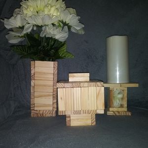 Wooden block flower vase with candle holder and box w lid